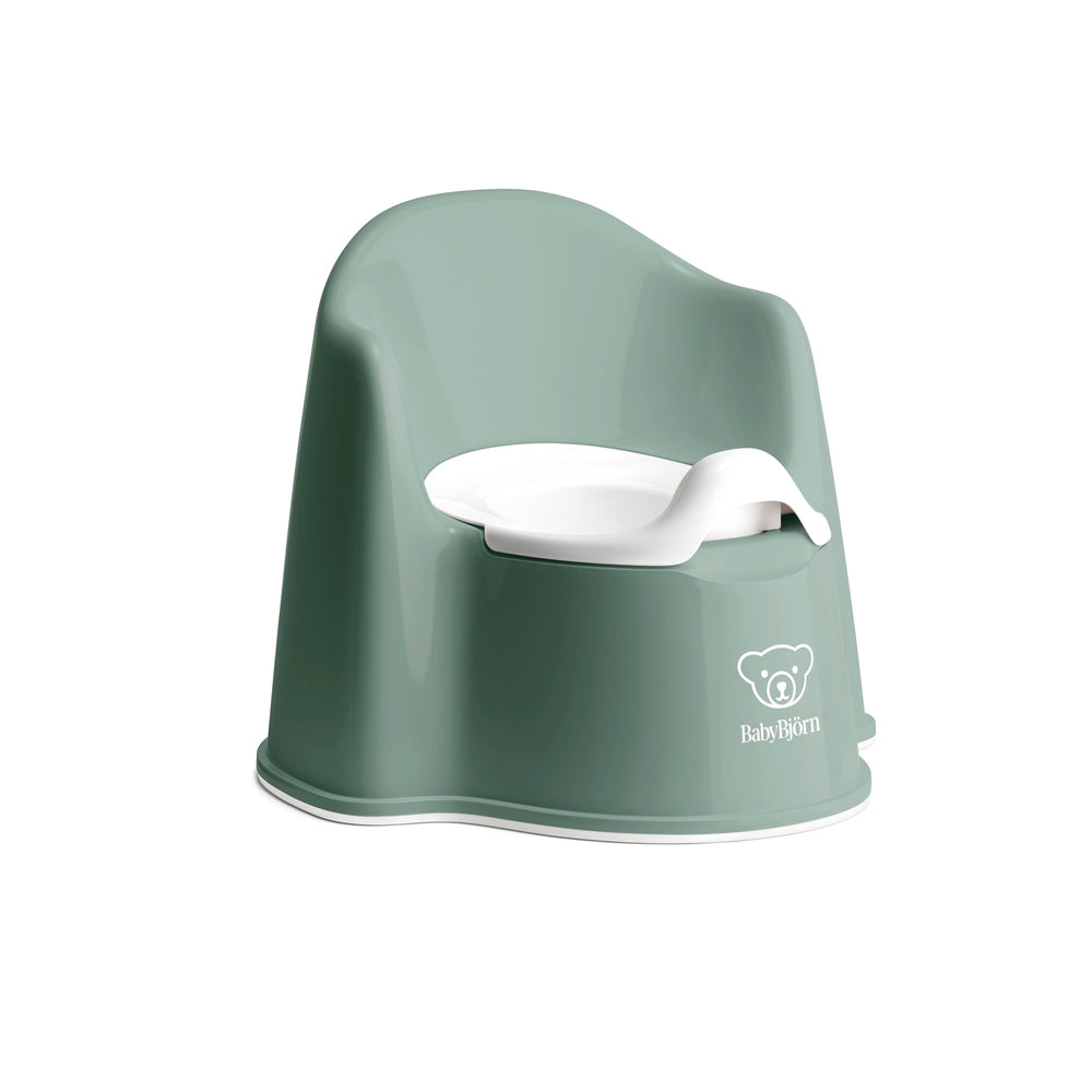BabyBjorn Potty Chair in green with white removable inner seat, designed for easy child sitting.
