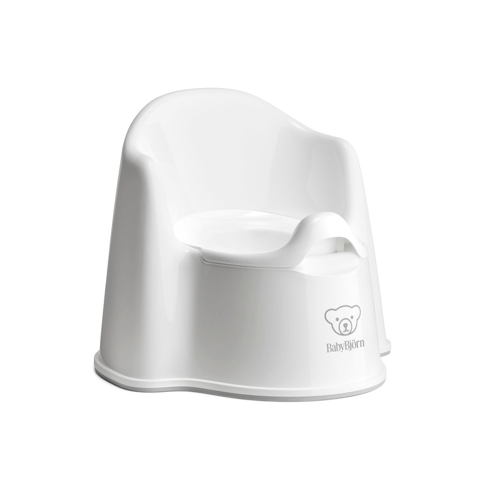 BabyBjorn Potty Chair in white with curved ergonomic seat and stable base for toddlers to sit comfortably.