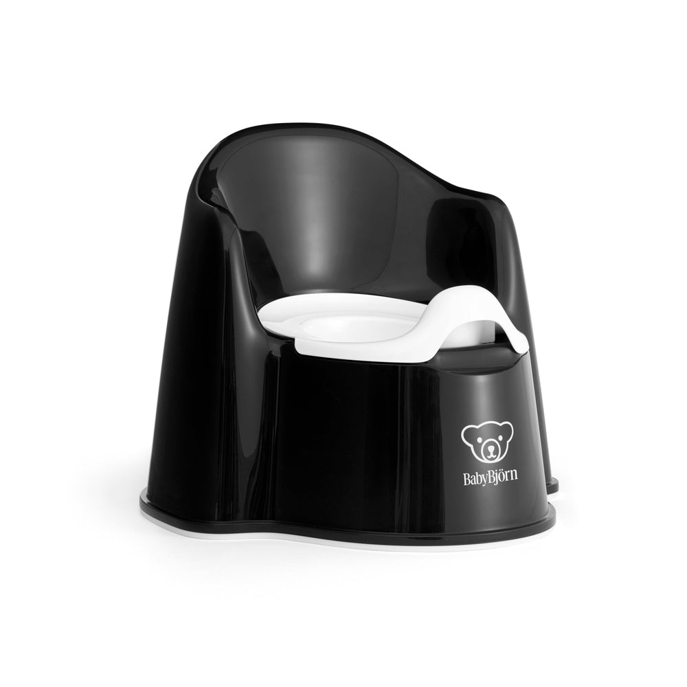 BabyBjorn Potty Chair in glossy black with white insert, sturdy curved back.