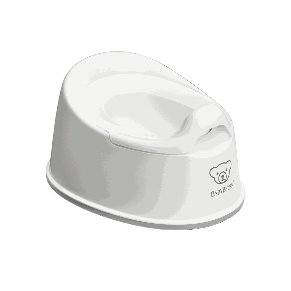 BabyBjorn Smart Potty in white with curved splash guard and sturdy base for mess-free use.
