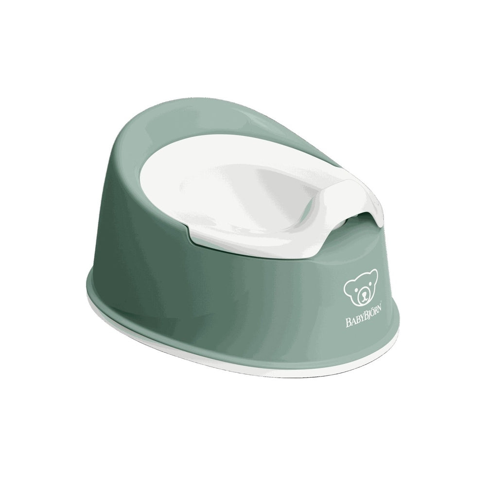 BabyBjorn Smart Potty in sage green with white insert, showcasing a sturdy one-piece design and BABY BJORN branding.