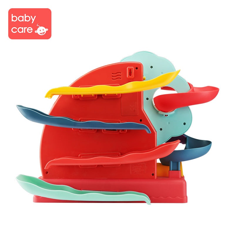BC BABYCARE SLAM DUNK BEAR & RAMP ROLLER toy, red base with multicolor curved ramps for scooting down.