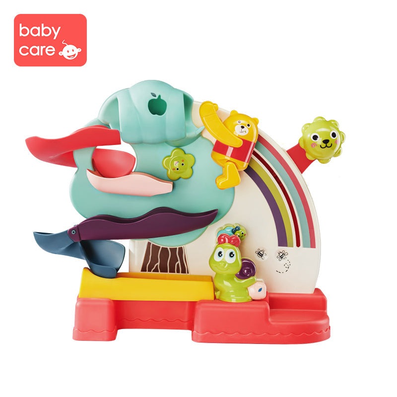 BC BABYCARE Slam Dunk Bear & Ramp Roller toy with a rainbow arch, bear climber, and playful animals on a red base.