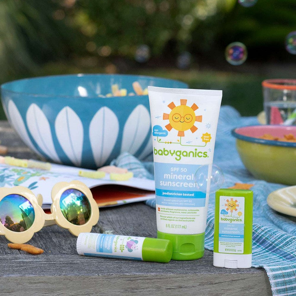 Babyganics Mineral Sunscreen Lotion SPF50 89 ml with green cap for pediatric skin care
