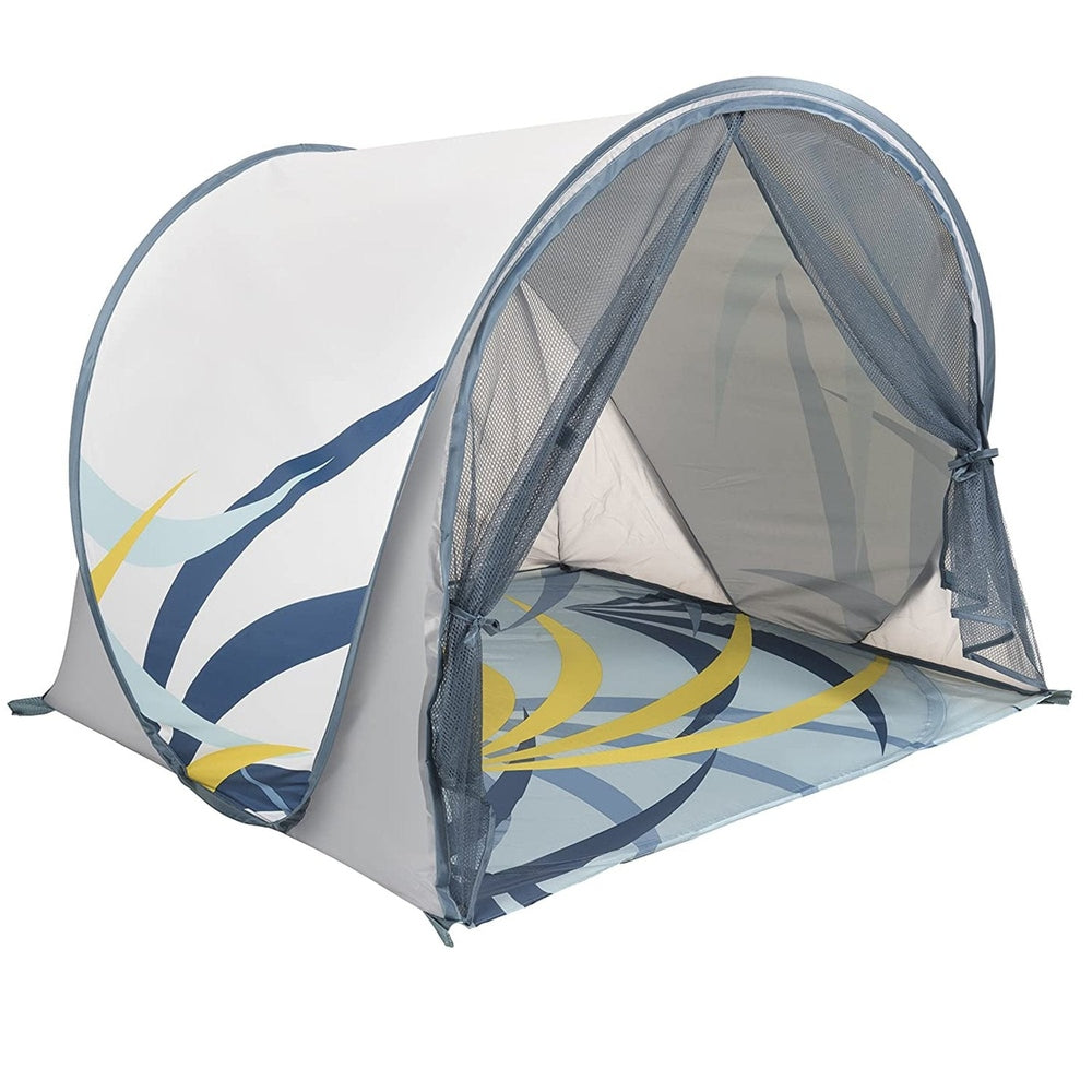 Babymoov Anti-UV Tropical Pop-Up Tent, blue and yellow abstract graphics with mesh front door.