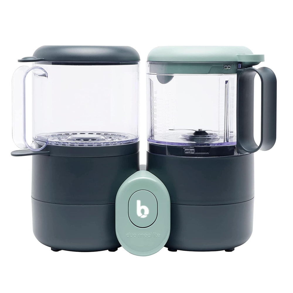 Babymoov Duo Meal Lite twin baby food maker in dark teal with mint lids and central control knob