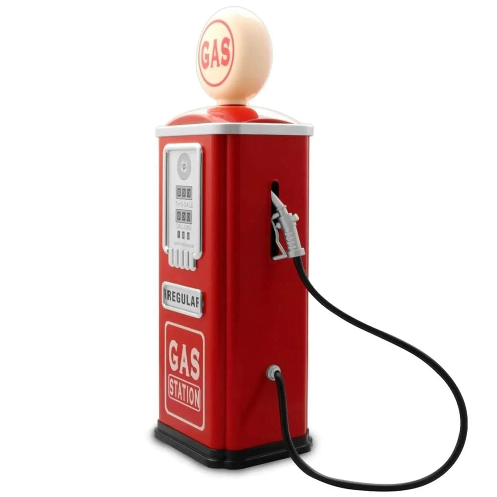 Baghera Play Gas Station Pump, red vintage toy with nozzle, dials, and sturdy base.