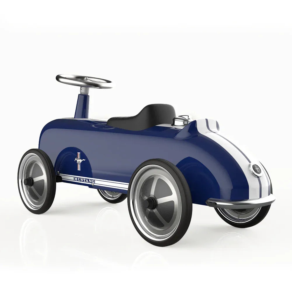 Baghera Ride-On Ford Mustang in blue with chrome wheels and steering wheel, ready for a child to ride.