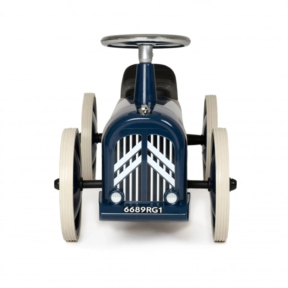 Baghera Ride-On Speedster Citroen La Petite Rosalie pedal car for toddlers, blue with cream wheels and chrome steering wheel.