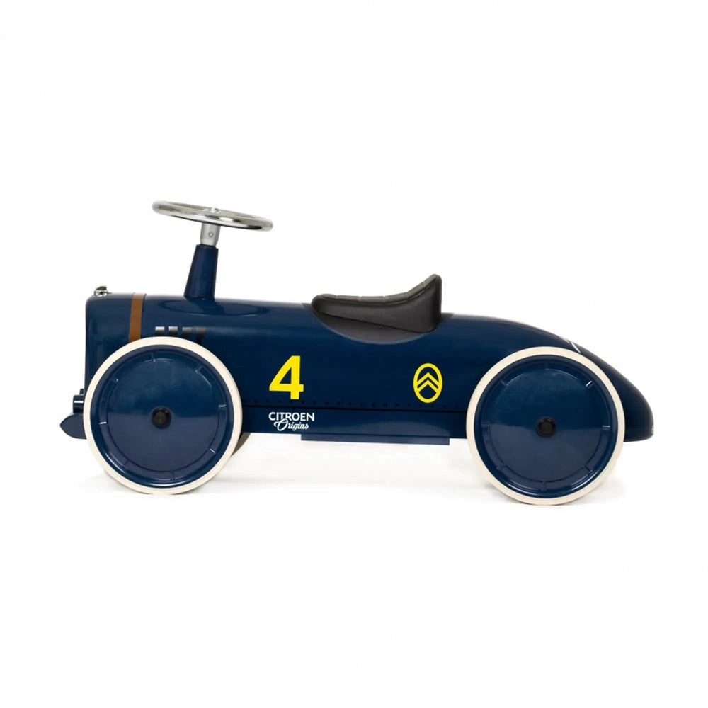 Baghera Ride-On Speedster Citroen La Petite Rosalie in blue with steering wheel, yellow 4, and white-rim wheels.