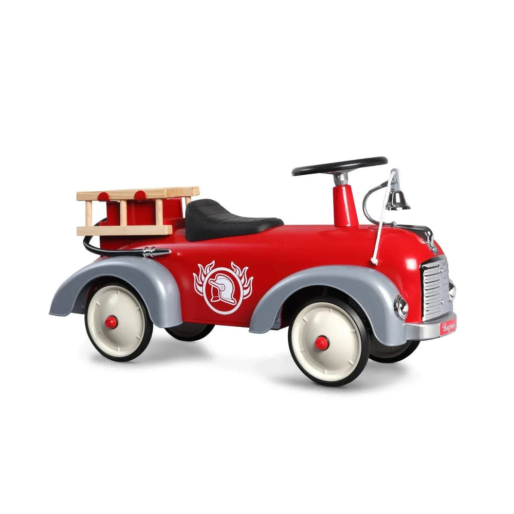 Baghera Ride-On Speedster Car Firetruck; red body with gray fenders, wooden ladder rack, child steering at front.