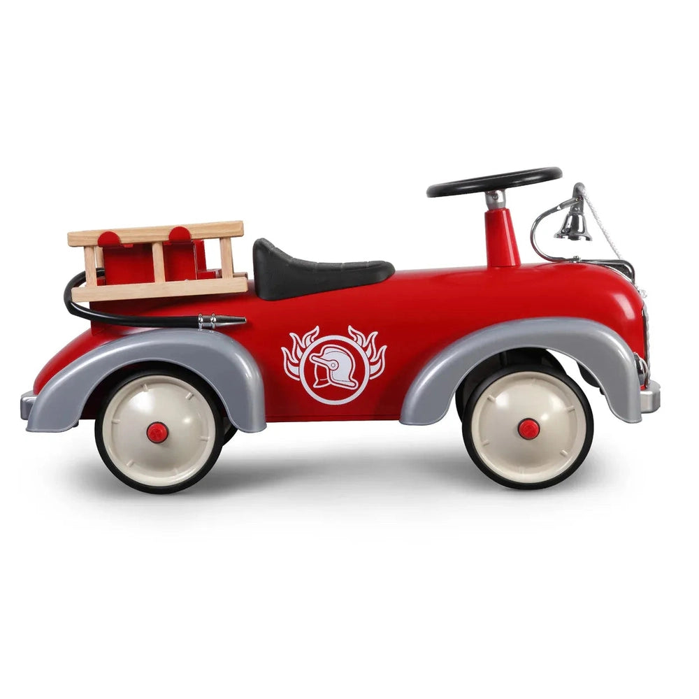 Baghera Ride-On Speedster Car Firetruck in red with grey fenders, black seat, and wooden rear ladder.