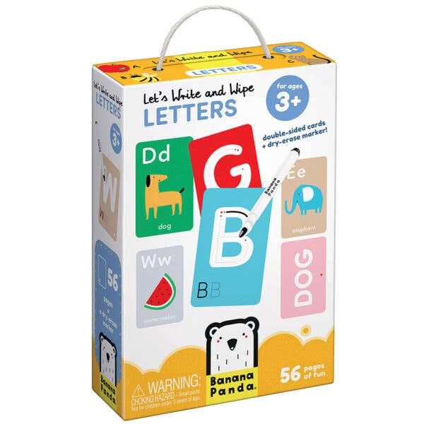 Banana Panda Let's Write and Wipe Letters set for ages 3+ with colorful letter cards and a dry-erase pen