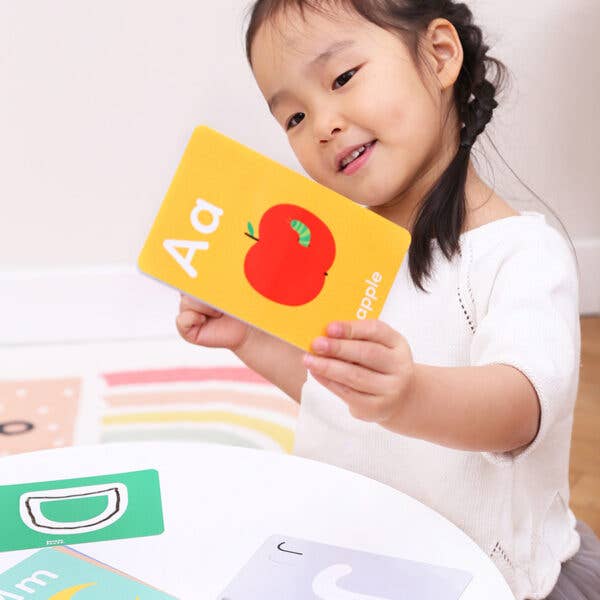 Banana Panda Let's Write and Wipe Letters card set; yellow card with A and apple illustration, BANANAPANDA