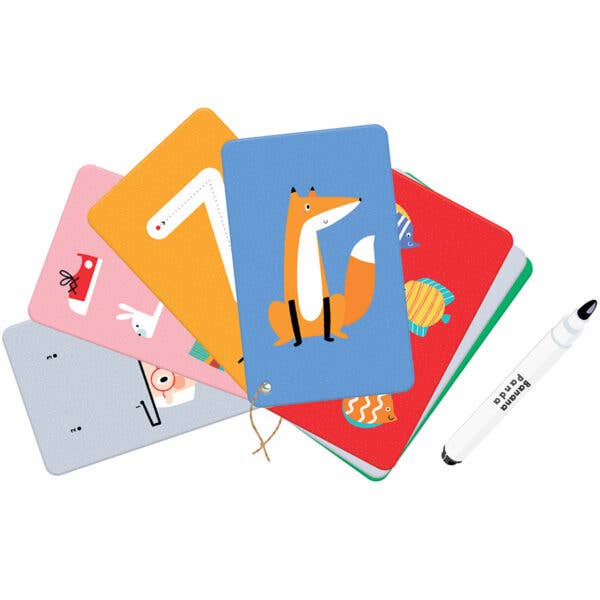 BANANAPANDA Let's Write and Wipe Numbers set for ages 3+, colorful wipe-clean cards with animal illustrations and marker