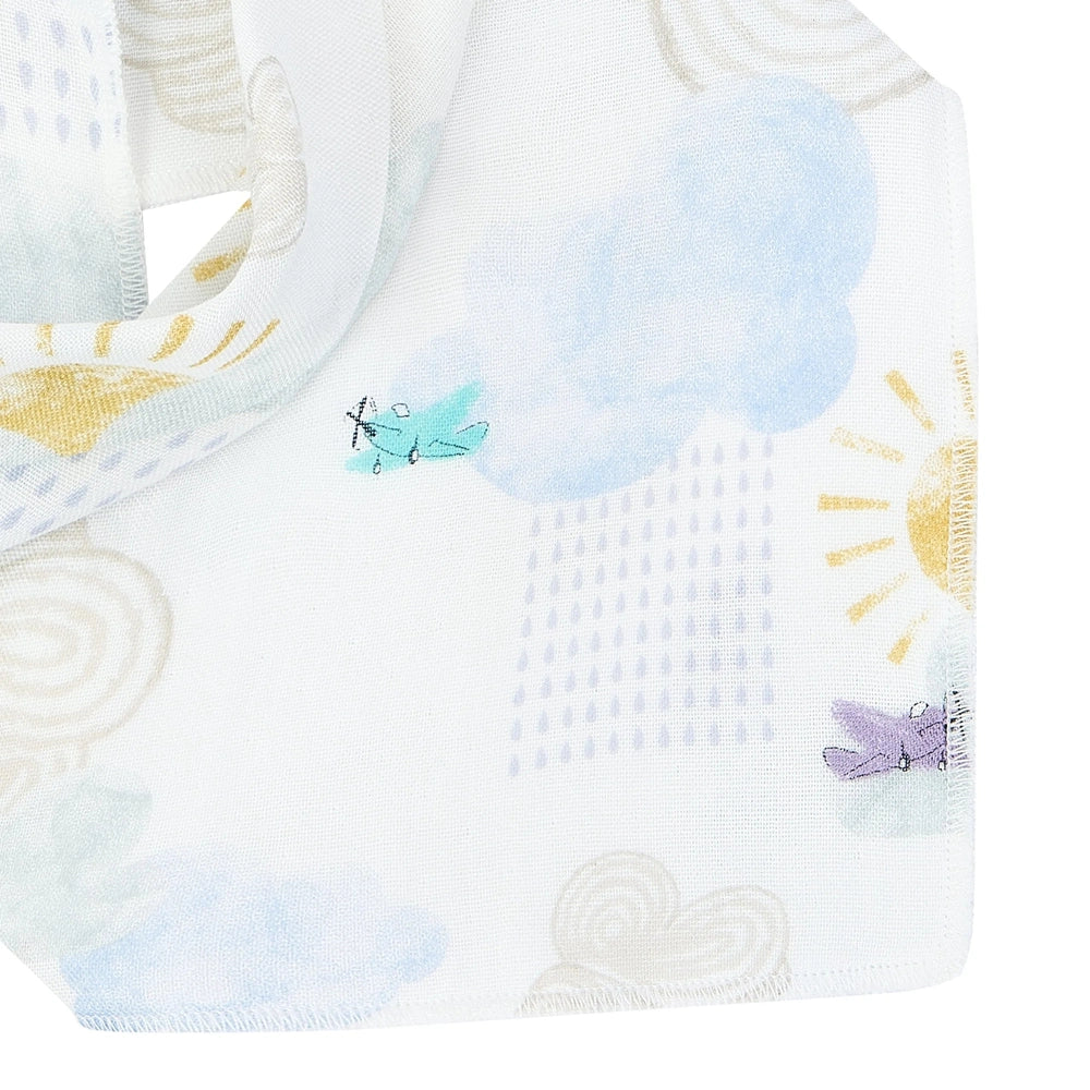 NEST DESIGNS Nest Designs Bamboo Muslin Bandana Bib Fluffy Puffs weather pattern with clouds, sun, rain, and airplane motifs img 5/5