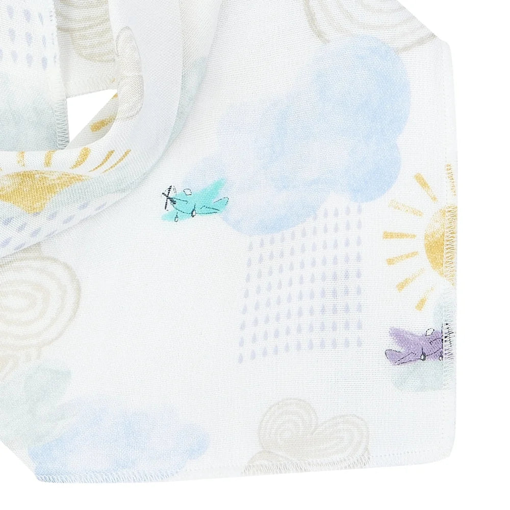 NEST DESIGNS Nest Designs Bamboo Muslin Bandana Bib Fluffy Puffs weather pattern with clouds, sun, rain, and airplane motifs img 5/5