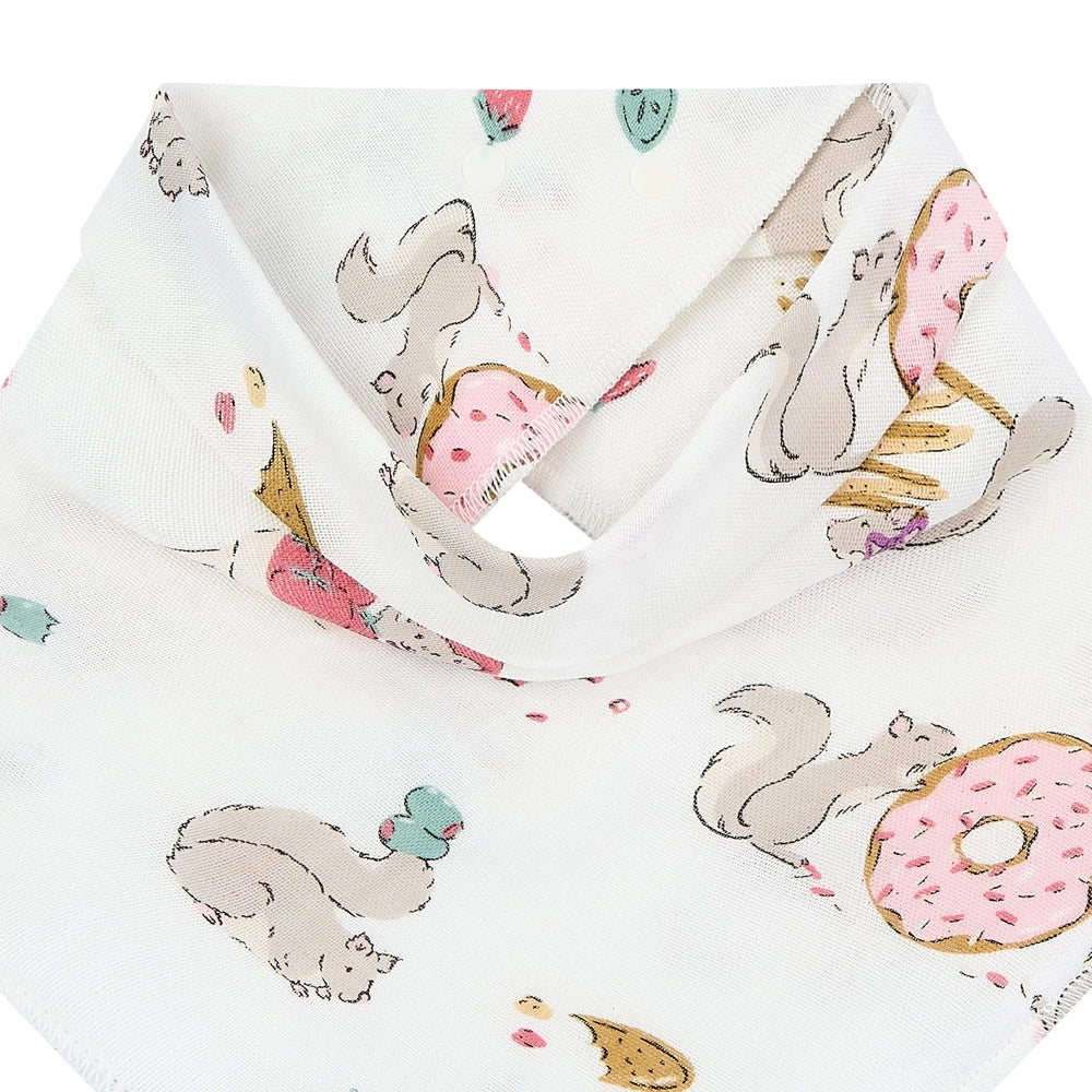 NEST DESIGNS Nest Designs Bamboo Muslin Baby Bandana Bib Very Squirrelly snap closure with squirrels holding donuts and ice cream img 5/6