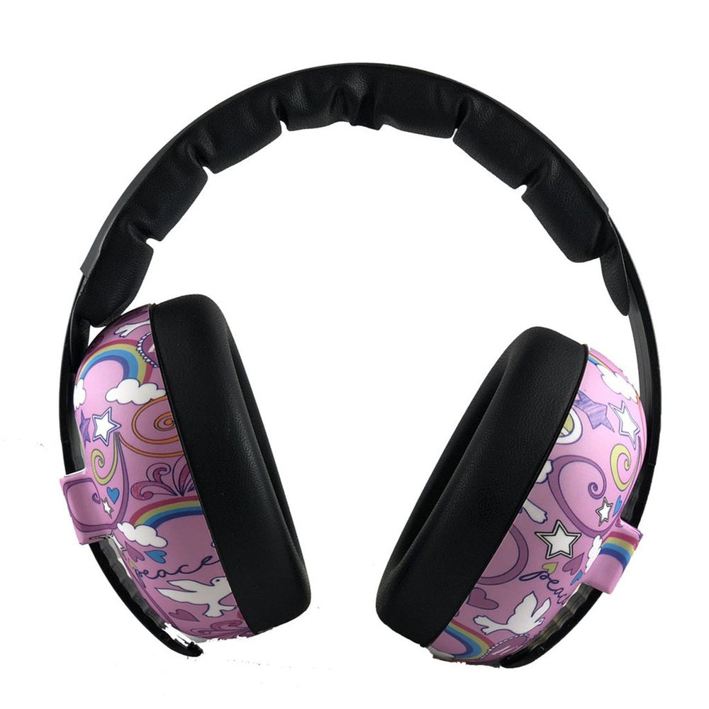 Banz Baby Hearing Protection Earmuffs Peace Doodle, pink design with clouds and rainbows by Baby EnRoute