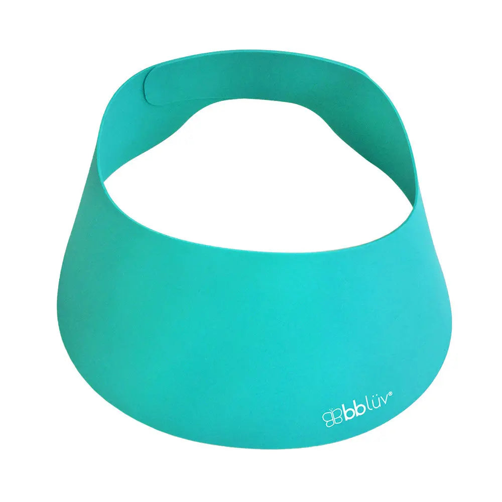 Bbluv Kap Shampoo Repellent Cap turquoise silicone bath hat worn on a baby's head to repel shampoo.