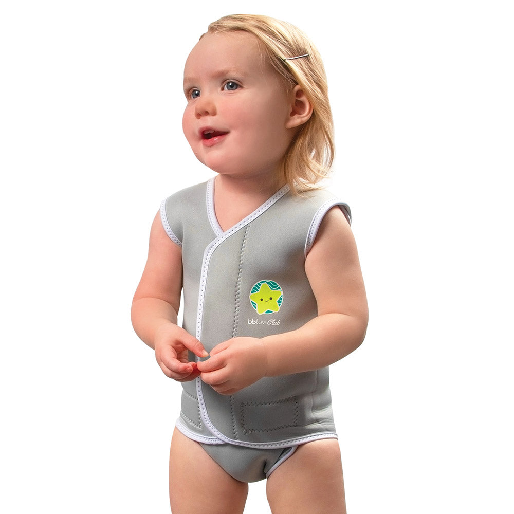 BBLUV neoprene baby wetsuit vest in grey with white trim for water play (6-18 months)