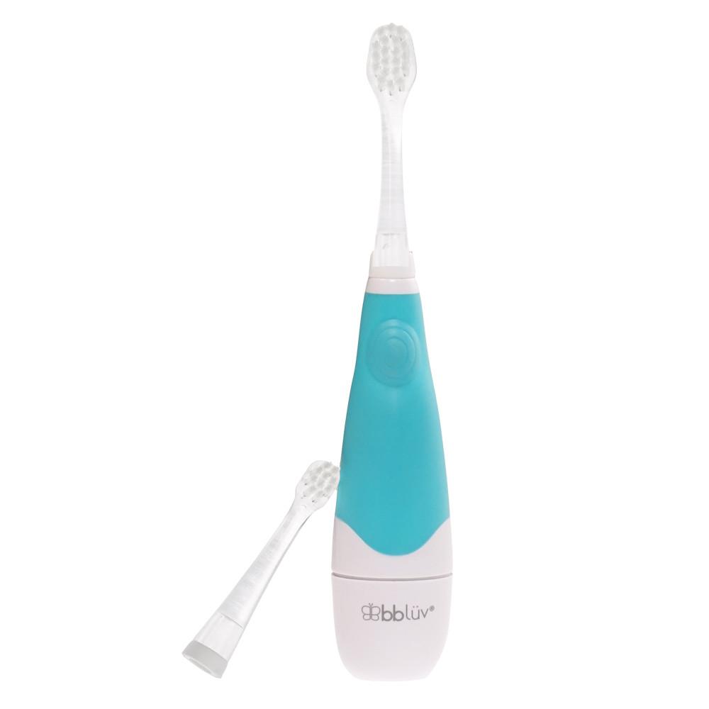 BBLUV Sonik 2 Steps Baby Toothbrush in turquoise and white, with an extra head beside the handle.