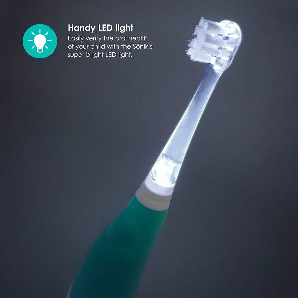 BBLUV Sonik Replacement Brush Heads 2Pk on a green toddler toothbrush with clear bristles