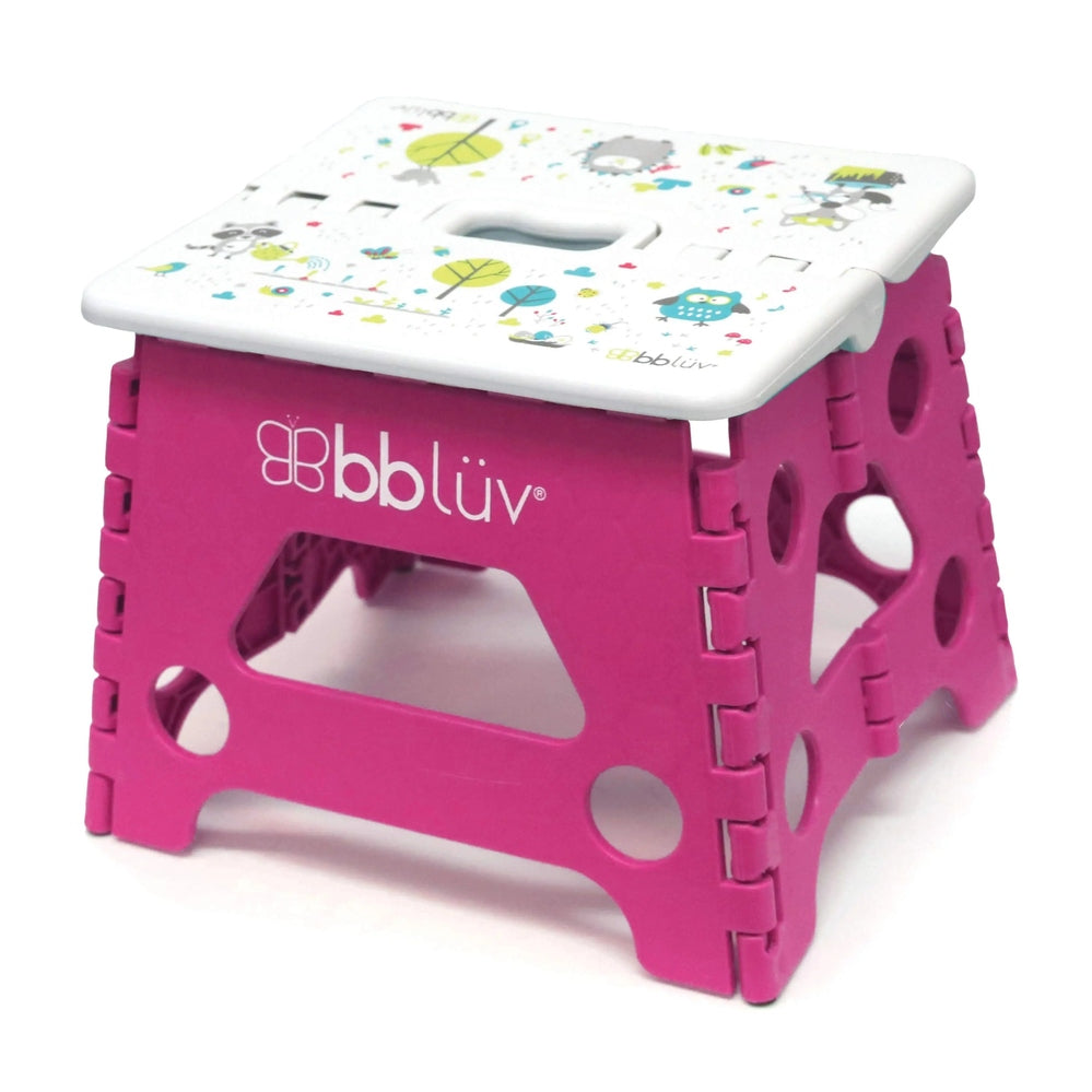 Bbluv Step Folding Stool pink with white printed lid, showing hinged foldable design for compact use