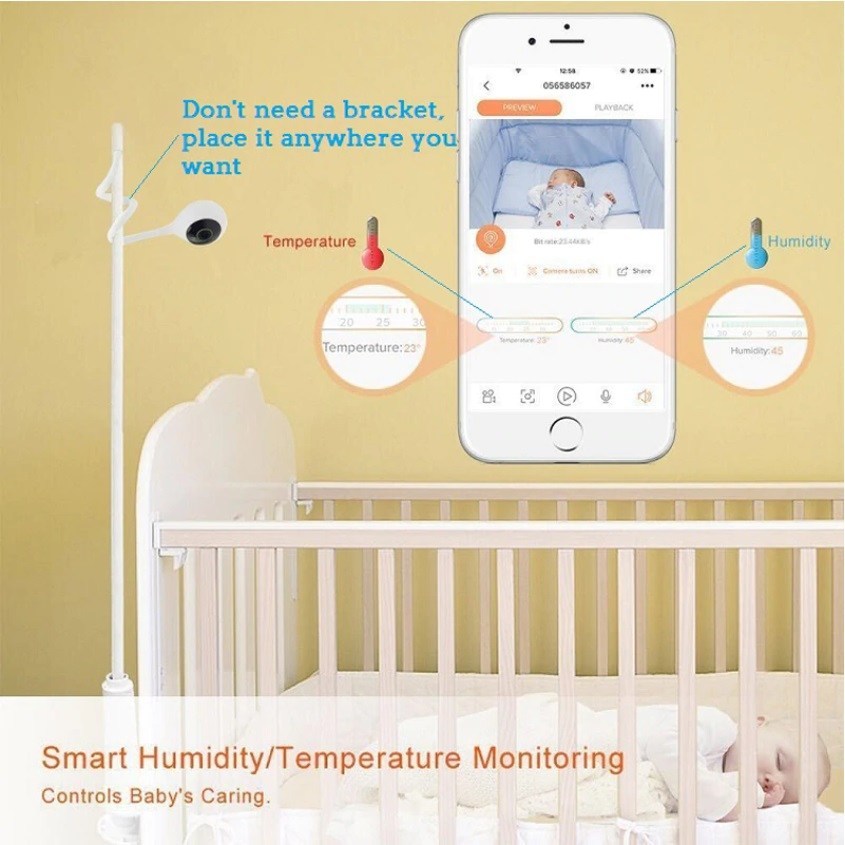 BBLUV Wifi Baby Monitor displaying temperature and humidity via smartphone app.