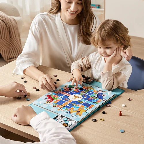 BC Babycare 15-in-1 Classic Board Game for family play with mother and child at a wooden table