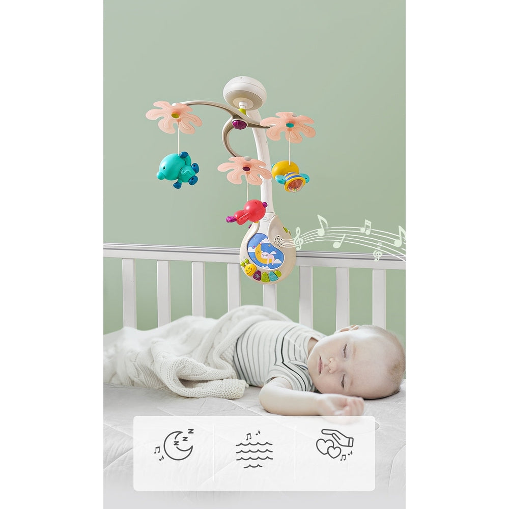 BC Babycare 3-In-1 Mobile over crib with pastel pink flower arms and three hanging animal toys