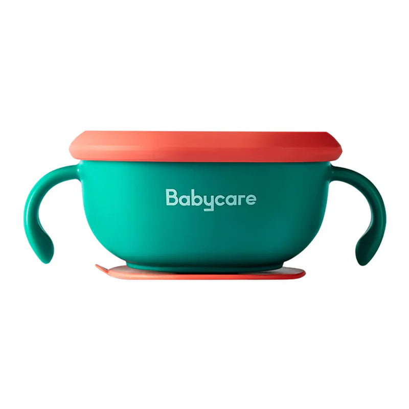 BC Babycare 3-in-1 non-slip snack bowl in teal with orange lid and handles