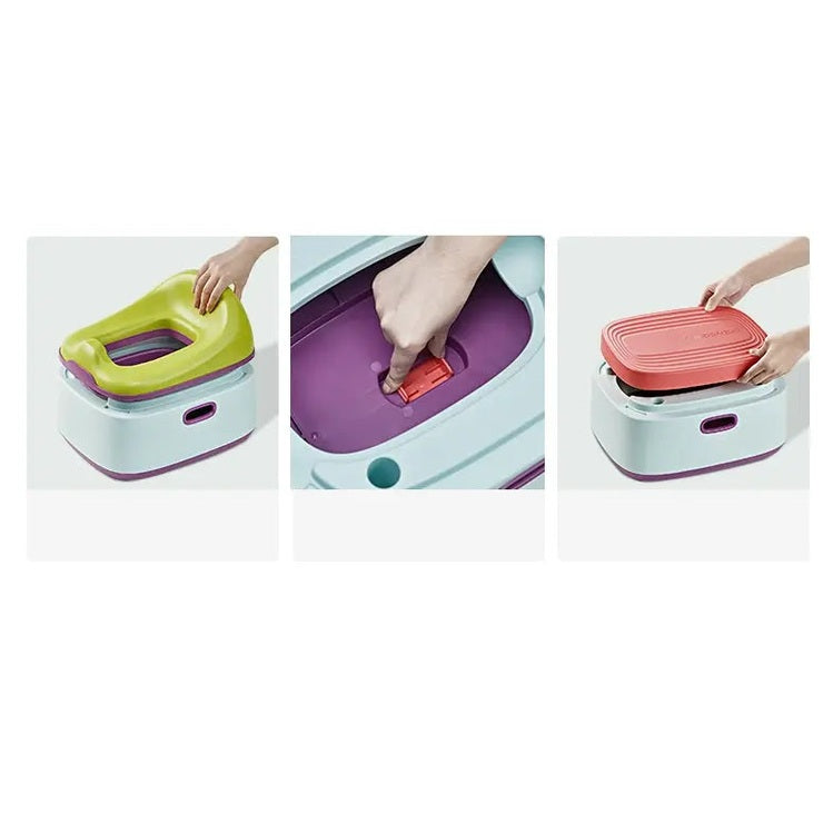 BC Babycare 3 In 1 Potty Training Seat with lime green lid, purple inner, pink top, shown being opened.