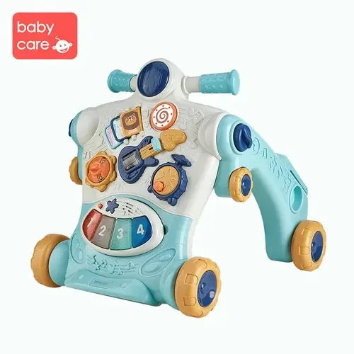BC Babycare 3 In 1 Ride-On Toy in turquoise and yellow, featuring interactive panels and four wheels for toddler riding.