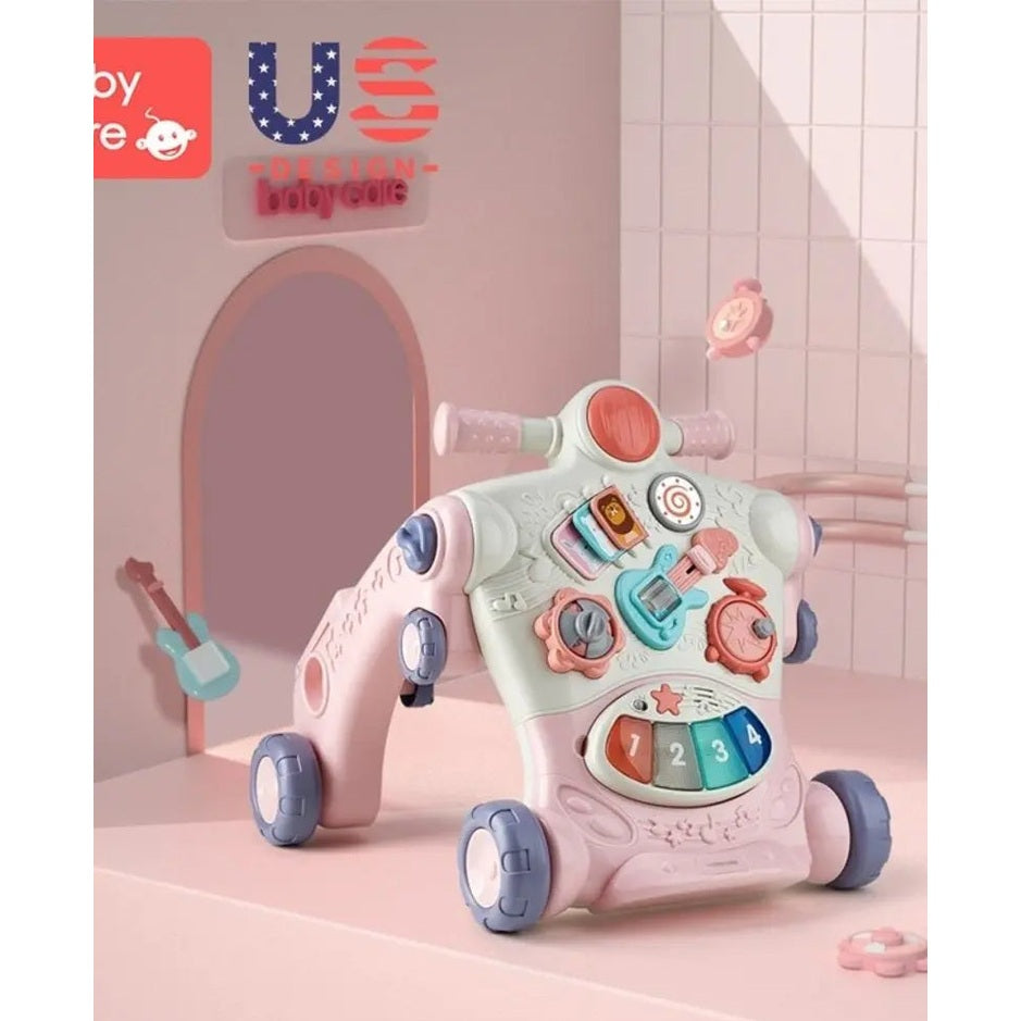 BC Babycare 3 In 1 Ride On Toy in pastel pink with blue wheels and interactive dashboard buttons engaged.