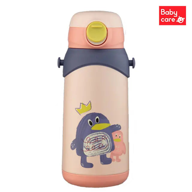 Bc Babycare 3 In 1 Vacuum Bottle 600 ml in peach pink with blue penguin graphic, yellow twist cap sealed.