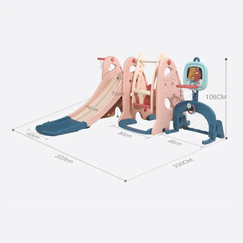 BC Babycare 5 In 1 Slide playset in pink and blue, with slide, climber, swing, and basketball hoop.