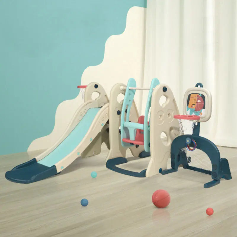 BC Babycare 5-in-1 Slide playset in teal/beige, kids swing, slide, and basketball hoop indoors.