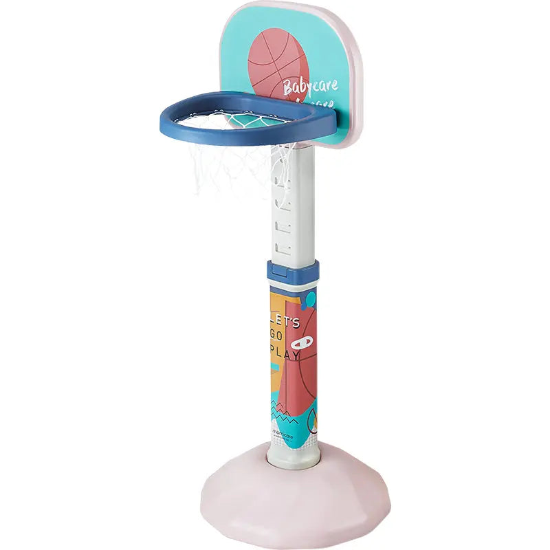 BC Babycare Adjustable Basketball Stand for kids with pink base, colorful backboard, blue hoop on adjustable pole.