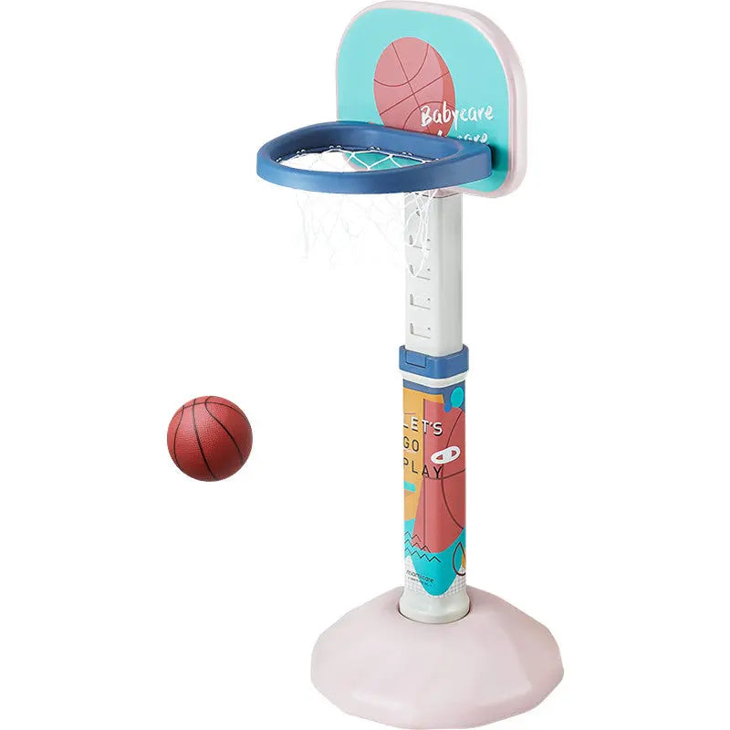BC Babycare Adjustable Basketball Stand with turquoise backboard and blue hoop, pink base; ball ready to shoot.
