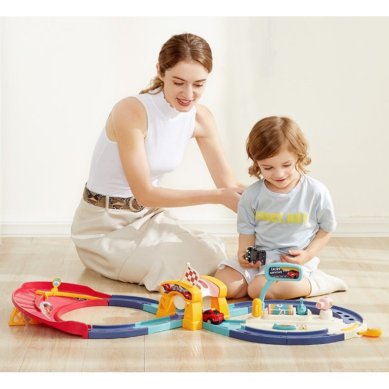 BC Babycare Adventure Racing Circuit colorful toy race track with cars played by mother and child