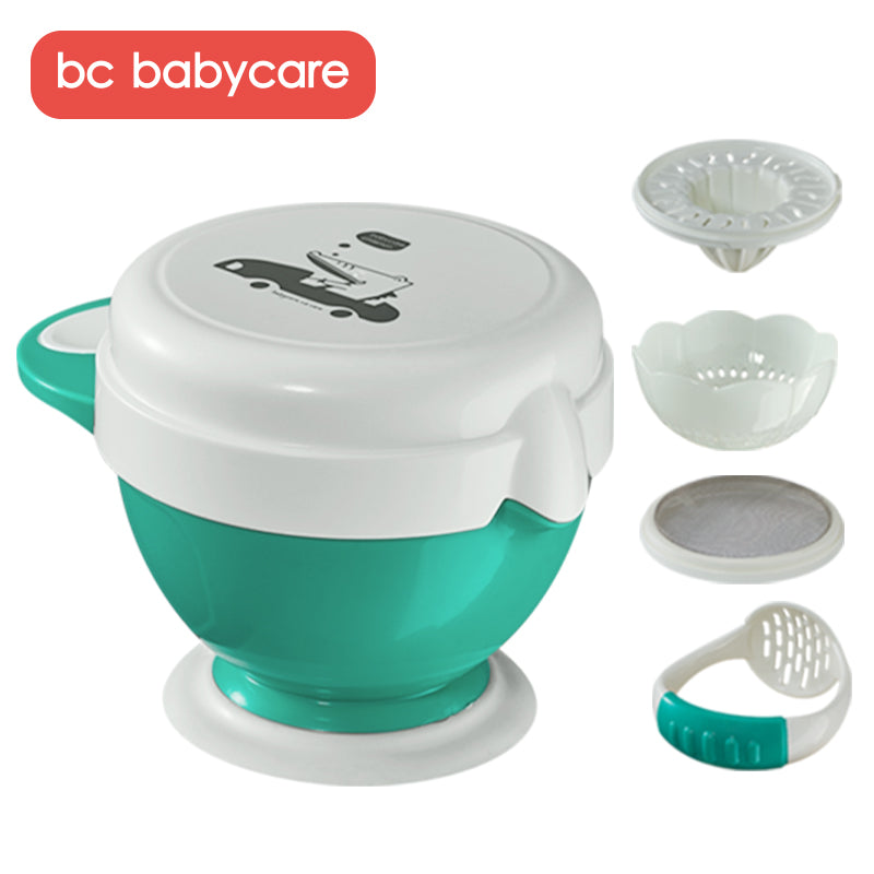 BC Babycare baby food masher set in green with four attachments