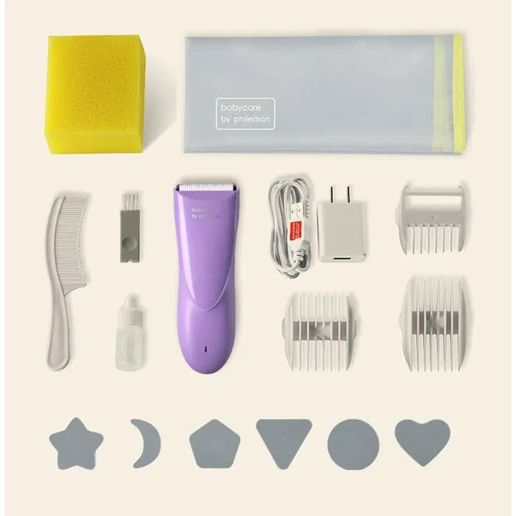 BC Babycare Baby Hair Clipper kit, purple cordless clipper with attachments, charger, and storage pouch laid out.