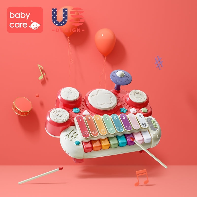 BC Babycare Baby Piano Drum toy with red body and multicolor keyboard for toddlers