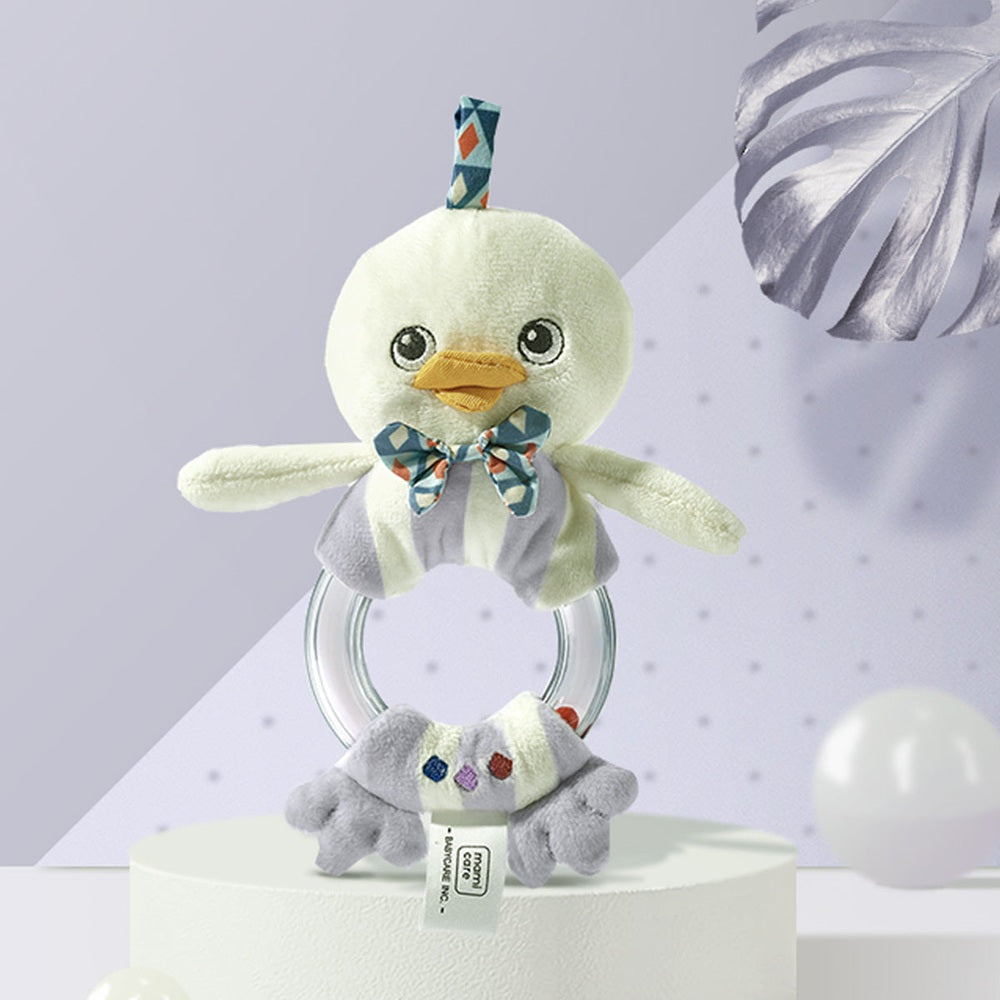 BC Babycare baby rattle Chick plush toy with yellow body, blue patterned bow, and ring handle
