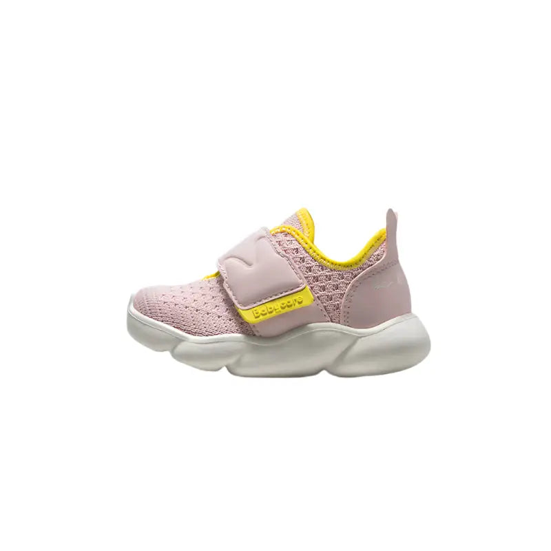 BC Babycare Baby Step Two Shoes Pink with yellow accents fastened by Velcro strap and chunky white sole.