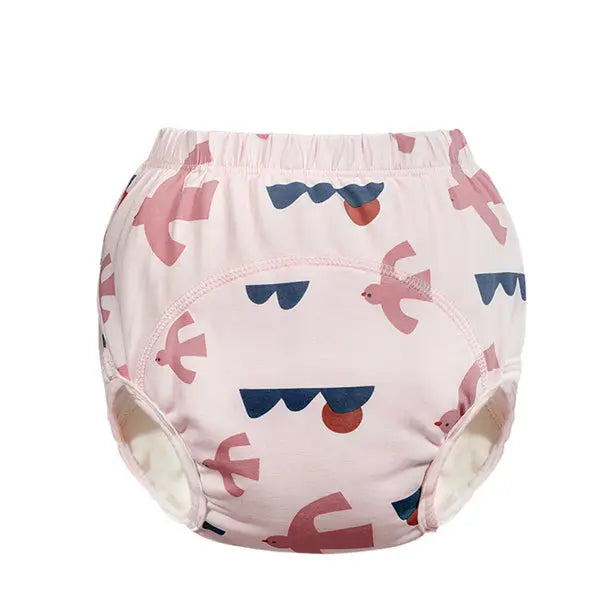 BC Babycare Baby Training Underwear in pink with blue birds, elastic waistband shown ready for potty training.