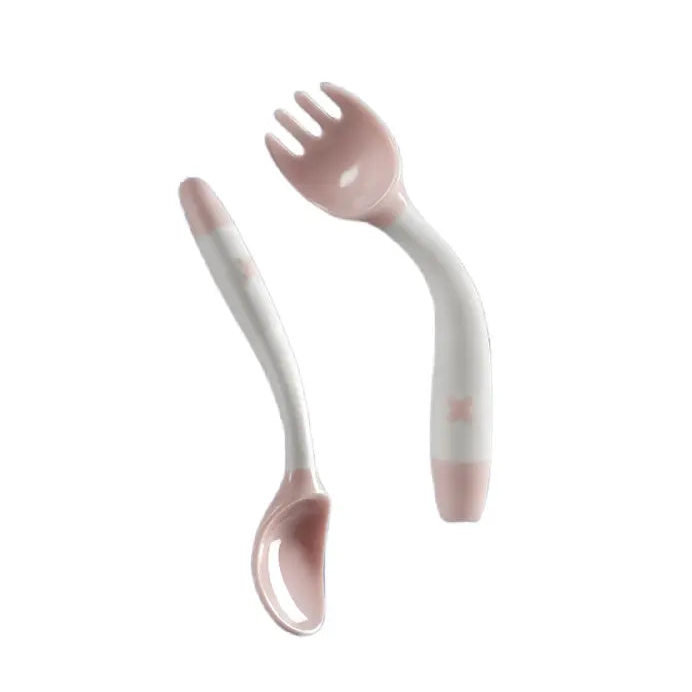 BC Babycare Bendable Spoon & Fork Set, pink and white, two bendable baby feeding utensils shown.