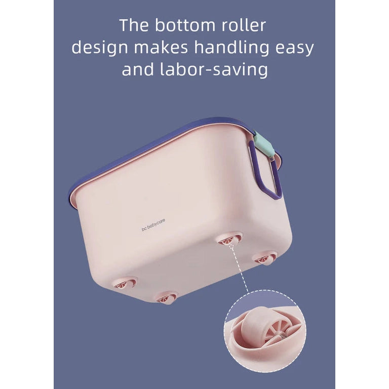 BC Babycare Building Blocks Storage Box, pink plastic toy box on wheels with a purple handle