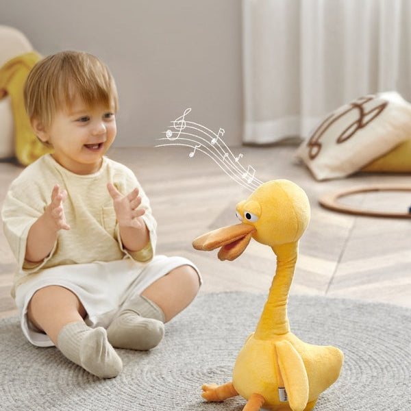 BC Babycare Cabri Duck Active Sound Toy; yellow plush duck with music notes, ideal for babies